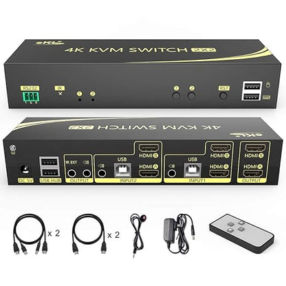 eKL HDMI KVM Switch 2 in 2 Out Dual Monitor Extended Display 4K@60Hz 4:4:4 with Audio and USB 2.0 Hub Sharing PC Monitor Keyboard Mouse Switcher