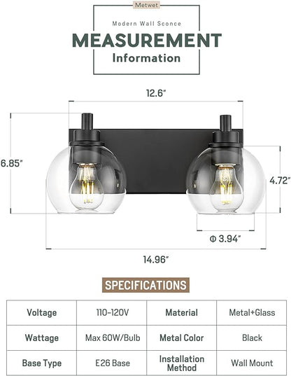 METWET Bathroom Light Fixtures, 2 Light Matte Black Vanity Light, Modern Wall Sconces with Clear Glass Globe Shade, Bathroom Wall Lights Over Mirror Kitchen Bedroom Hallway, VL195-MB-2