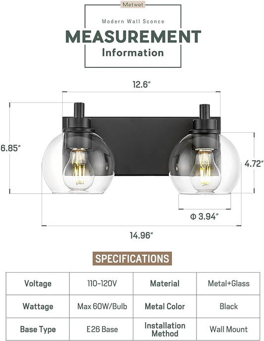 METWET Bathroom Light Fixtures, 2 Light Matte Black Vanity Light, Modern Wall Sconces with Clear Glass Globe Shade, Bathroom Wall Lights Over Mirror Kitchen Bedroom Hallway, VL195-MB-2