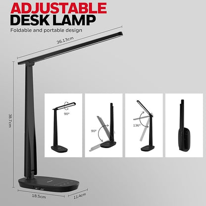 Honeywell LED Desk Lamp - HWT-H2 Sunturalux™ Eye-Caring Foldable Desk Light with USB A+C Dual Charging Port 4 Color Modes Dimmable Table Lamp for Home Office Bedroom Reading Study Work - Black