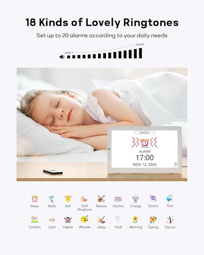 10.1" Digital Clock with Date and Day for Elderly, Remote Control Digital Calendar with 12 Themes & 9 Colors, AutoDST, 23 Preset Schedules & Customizable, Auto Dimming, Indoor Temperature, Humidity