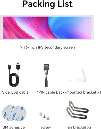 9.16" Computer Temp Monitor, FHD 1920x462 PC Sensor Panel One-Cable Connection(No HDMI Needed), Stretched Bar LCD Dynamic Theme Supported, IPS Mini Secondary Screen for CPU RAM HDD Data Aida64 (White)