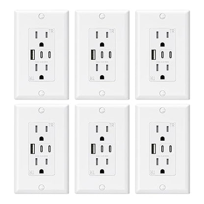 ELEGRP USB Outlets, 15 Amp Wall Outlet with 3 USB Ports, Dual USB C Ports Outlets, TR Tamper-Resistant USB Outlets Receptacles, Wall Plate Included, UL/CUL Listed, 6 Pack, White
