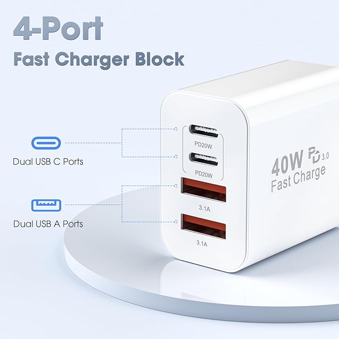 USB C Charger Block, 2 Pack 40W 4-Port iPhone Charger Fast Charging Multiport PD 3.0 & QC 4.0 Double Quick Charge, Compatible with iPhone 16/15/14/13/12/11，Pro Max，iPad, Samsung (White)