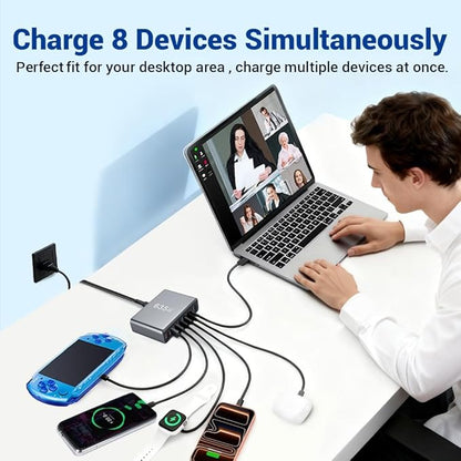 SquareWiz 635W GaN Super Fast Charging Station,8 Port USB C Charger Block for iPhone,iPad,MacBook Air Pro,Tablets,Android Phone,Multiple Port PD QC3.0 USB Type C Fast Charging Adapter Desktop Dock
