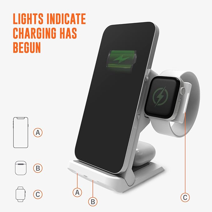 STM ChargeTree Go - 3-in-1 Portable Wireless Charging Station for iPhone, Samsung, Android (15W/7.5W), AirPods (5W), Apple Watch (3W) - Qi Certified - White.