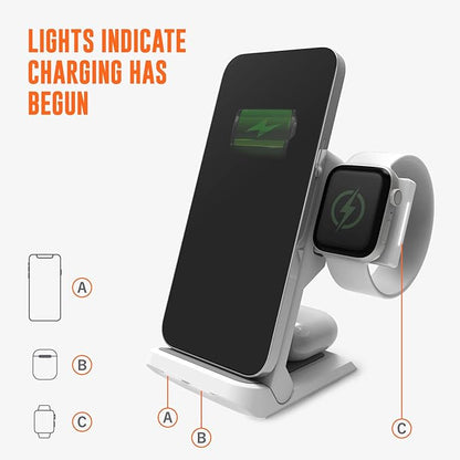 STM ChargeTree Go - 3-in-1 Portable Wireless Charging Station for iPhone, Samsung, Android (15W/7.5W), AirPods (5W), Apple Watch (3W) - Qi Certified - White.