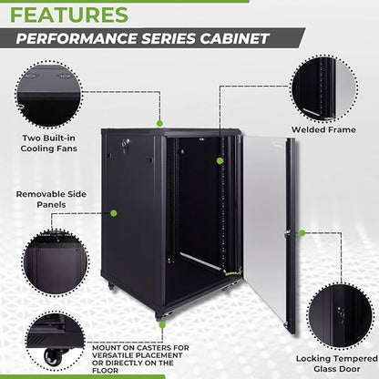 NavePoint 18U Server Cabinet Wall Mount Rack Enclosure with Caster Wheels, 2 Fans, Locking Glass Door, Removable Side Panels – 18U Network Cabinet 23.6” Deep, 19” Server Rack for IT Equipment