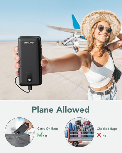 charmast Portable Charger with Built-in Cables & Wall Plug, 10000mAh Portable Power Bank, External Battery Pack Travel Essentials Compatible with iPhone 16/15/14/13, Samsung, iPad etc