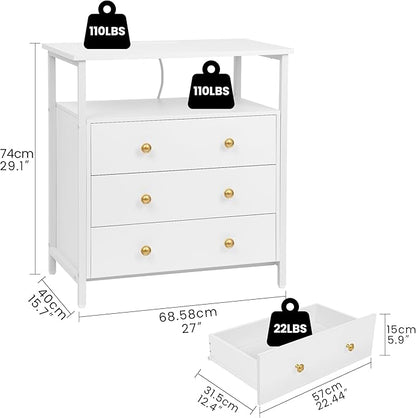 Edbuosy 3 Wooden Drawers Night Stand, 27 Inch Wide Nightstand with Charging Station and Adjustable Drawers, Small Dresser for Closet, Bedside Table for Living Room/Bedroom/Office, White.