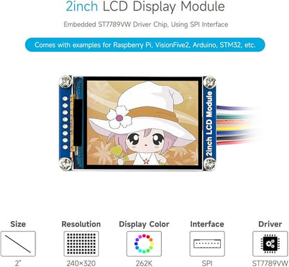 Waveshare 2inch LCD Display Module, Compatible with Raspberry Pi/Pi zero/Arduino/Esp32, with ST7789 Driver, 262K Color, IPS Screen, 240×320 Resolution, SPI Interface