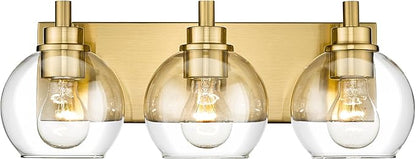 METWET Bathroom Light Fixtures, 3-Light Brushed Gold Vanity Light, Modern Wall Sconces with Clear Glass Globe Shade, Bathroom Wall Lights for Mirror Kitchen Bedroom Hallway Living Room, VL195-GD-3