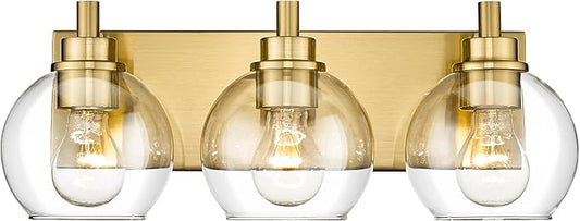 METWET Bathroom Light Fixtures, 3-Light Brushed Gold Vanity Light, Modern Wall Sconces with Clear Glass Globe Shade, Bathroom Wall Lights for Mirror Kitchen Bedroom Hallway Living Room, VL195-GD-3