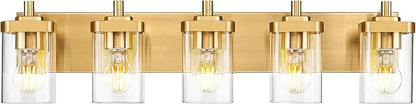 METWET Bathroom Light Fixtures, 30" Brushed Gold Vanity Light, 5-Light Modern Wall Sconces with Square Clear Glass Shade, Vanity Lighting Fixtures Over Mirror, VL194-BG-5