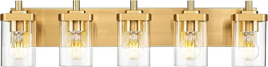 METWET Bathroom Light Fixtures, 30" Brushed Gold Vanity Light, 5-Light Modern Wall Sconces with Square Clear Glass Shade, Vanity Lighting Fixtures Over Mirror, VL194-BG-5