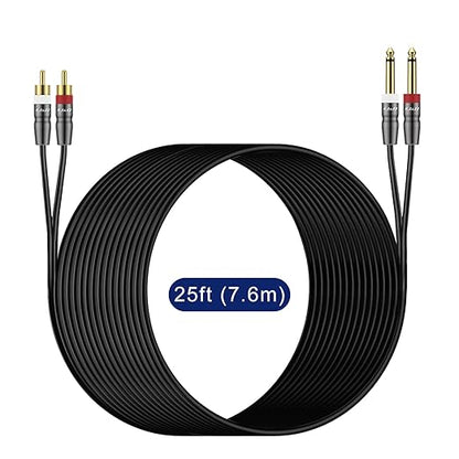 J&D Dual 1/4 inch TS to Dual RCA Cable, Heavy Duty 1/4 Male to RCA Male Adapter Stereo Audio Interconnect Quarter inch Cable, 25 Feet