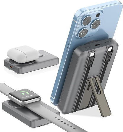Wireless Portable Charger, 3-in-1 Magnetic Power Bank 10000mAh with USB-C/iOS Cable and Stand, 22.5W Fast Charging Battery Pack, Compatible with iPhone 16/15/14/13/12/Pro/Mini/Pro Max