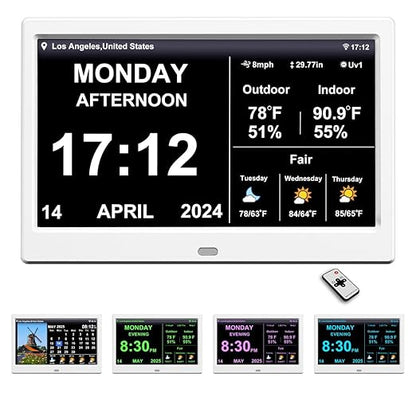 FEYBYLA 2025 New Digital Clock with Temperature/Humidity & Weather Forecast, Auto Time Sync Large Display, Custom Alarms & Medication Reminders, Ideal for Elderly (White, 10.1inch)