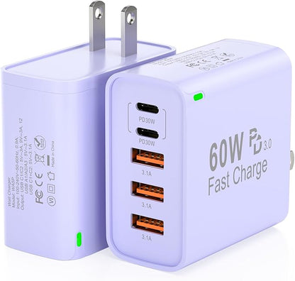 2Pack USB C Fast Charger Block, Total 60W 5-Port USB C Wall Charger 30W Type C Charging Block, 2USB C+3USB A PD 3.0 Multiport Charging Cube for iPhone 17 16 15 14 Pro Max, G-alaxy S25 S24 Ultra, i Pad
