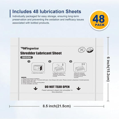 Wingwise 48-Pack Shredder Lubricant Sheets, 8.5 x 6 Inches, Sharpens Blades & Extends Shredder Life, Mess-Free Maintenance for Heavy-Duty Use