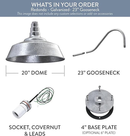 Steel Lighting Co. Large Outdoor Barn Light | Gooseneck Light Fixture | Made in America from 18-Gauge Steel | 20" Dome | 23" Gooseneck Galvanized Exterior/Galvanized Interior