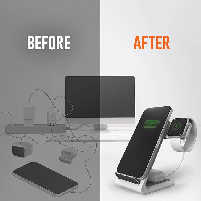 STM ChargeTree Swing 3-in-1 Wireless Charging Station for iPhone/Samsung/Android (15W/7.5W), AirPods (5W), Apple Watch (3W). Qi-Certified Stand, White