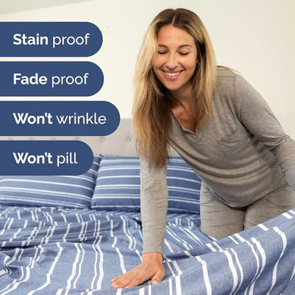 Full XL Bed Sheet Set - 4 Piece Extra Long Extended Full XL Sheets - Soft, Breathable & Cooling - Fits 8" to 16" Mattress with Deep Pockets - 54" x 80" - Wrinkle and Fade Resistant - Blue Stripes 3