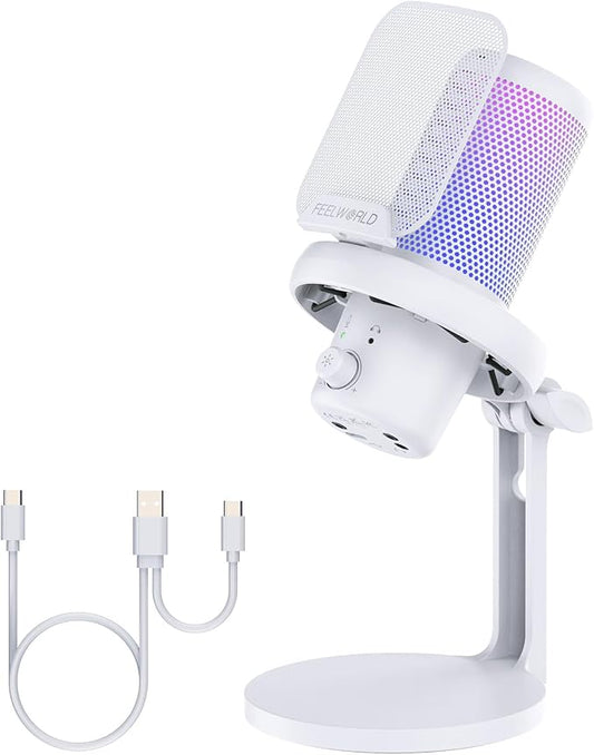 FEELWORLD VM1 White Gaming PC USB Microphone Condenser Mic with Noise Cancellation Mute RGB Light, Computer Accessories Gifts for Gamer YouTube Twitch Podcast Streaming Recording Online Chat PS4 PS5
