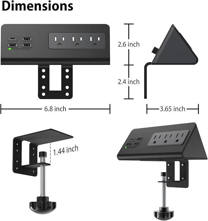 Nightstand Edge Mount Power Strip with USB-C Ports Tabletop Surge Protector Desk Clamp Power Sockets with 3 AC Outlets &4 Fast Charging USB Ports for Home Office Hotel and Dormitory