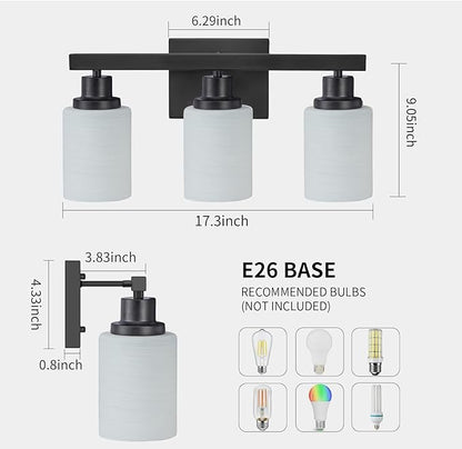 DIKAIDA 3-Light Bathroom Light Fixtures Over Mirror, Modern Matte Black Vanity Lights with White Frosted Glass Shade, Bathroom Wall Lamp Sconces for Mirror Bedroom, Living Room Hallway