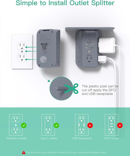Wall Outlet Extender with Shelf and Night Light,Surge Protector,USB Wall Charger with 5 AC Outlets and 3 USB A Ports 1 USB C Outlet Wide Space 3-Sided Power Strip Multi Plug Outlets, Gray