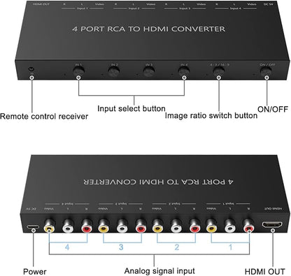 RuiPuo 4Port AV to HDMI Converter, 4Port AV to HDMI Switcher with IR Remote, Support 16:9/4:3 and Quick Switch Compatible with WII/N64/SNES/Xbox/PS1/PS2/PS3/VHS/VCR/DVD Players etc.(4AV In-1HDMI Out)