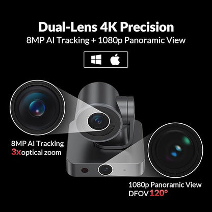AV Access 4K Conference Room Camera, Dual Lens Cam(4K AI Tracking Cam and 1080P Panoramic Cam),3X Optical/5X Digital Zoom, 120° FOV, Auto Framing, Individuals Gallery, Works with Meet,Teams,Zoom