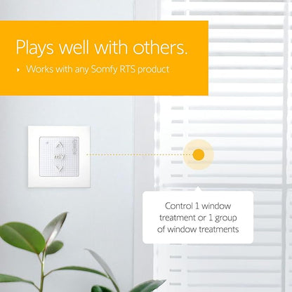 Somfy Smoove 1 RTS Pure - 1-Channel Wall Mount Switch for RTS Motorized Shades, Curtains, and Blinds - Mounts Easily to Wall or Surface - Easy to Install, No Electrician Needed - #1811533