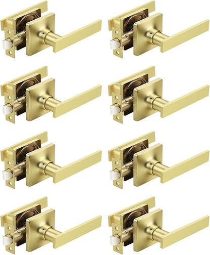 Mengico 8 Pack Passage Door Levers Gold Finish, No-Locking Keyless Square Door Knob, Interior Door Handles for Closet and Hallway, Reversible for Left & Right Handed