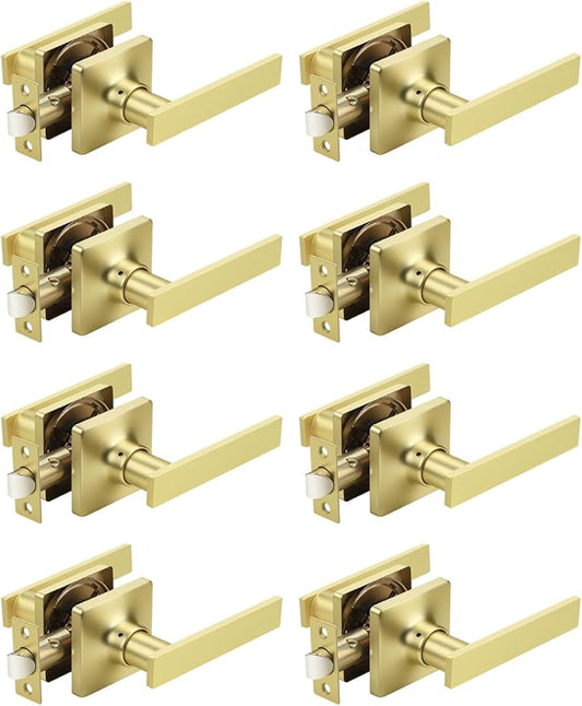 Mengico 8 Pack Passage Door Levers Gold Finish, No-Locking Keyless Square Door Knob, Interior Door Handles for Closet and Hallway, Reversible for Left & Right Handed