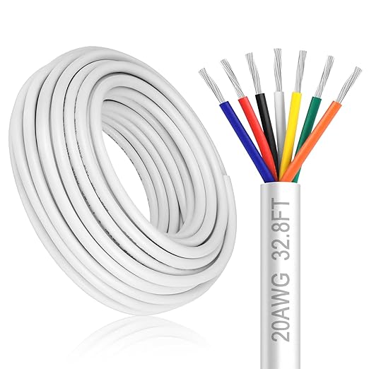 20 Gauge 7 Conductor Electrical Wire, 32.8FT White Stranded Low Voltage 20/7 PVC Case, 20 AWG Tinned Copper 7 Wire Extension Power for Strips LED Lamp Lighting
