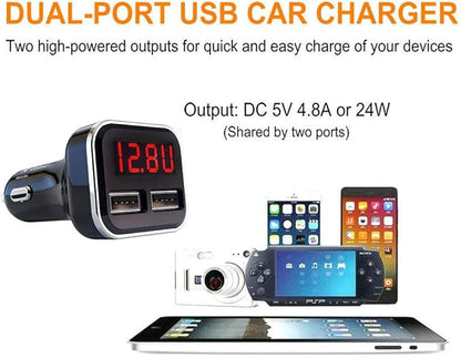 Jebsens 4.8A 24W Dual USB Car Charger Volt Meter Car Battery Monitor with LED Voltage & Amps Display in Red LED, Cigarette Lighter Voltage Meter, Compatible with iPhone 15 Pro Max Samsung Galaxy S24