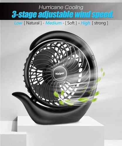 Viniper Portable Rechargeable Fan, Small Desk Fan : 3 Speeds & about 8-24 Hours Longer Working, 180 Rotation, Portable Battery Desktop Fan for Home/Office (Black, Light Black Blade)6.2 inch