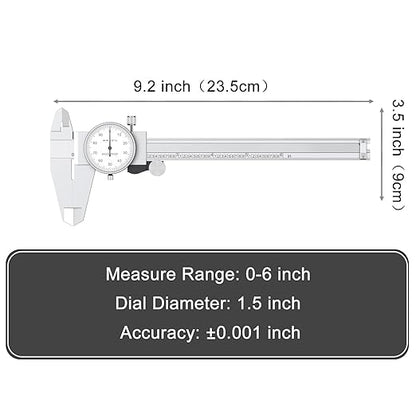 HDLNKAK Dial Caliper Shockproof Dial Caliper Precision Caliper with Watch 0-6" Range, 0.001” Resolution 6 Inch with 0.001" Precision Calipers 4-Way Measurement with Plastic Case
