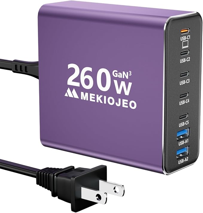 Aluminum Alloy USB C Charger GaN Fast USB C Charging Station 7 Ports 65W Laptop Charger for MacBook Pro/Air/iPad Pro/iPhone (Purple)