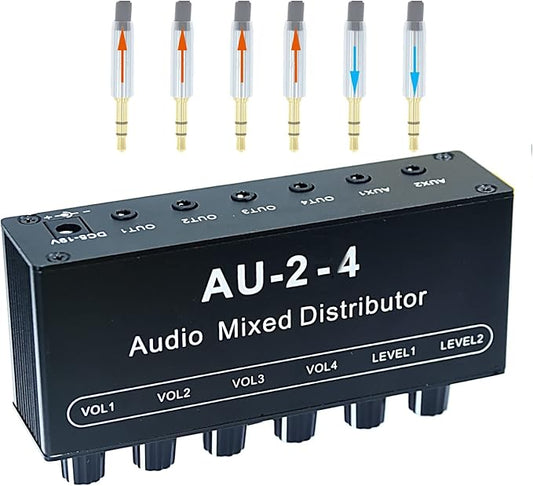 1/8" aux Input Mixing 2 in 4 Channel Way Out Headset Box Headphone Amplifier 3.5mm Mixer 1/8 inch Stereo Audio Amp with Ultra-Compact Portable mini Jack 3.5 Splitter hup for Studio and Stage