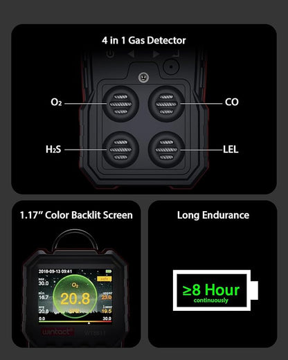 Wintact 4 in 1 Gas Leak Detector, Monitor Multi Gas Alarm Sniffers Combustible, Natural, Methane, Propane, Carbon Monoxide, Hydrogen Sulfide, Oxygen for Home, RV, Sewer
