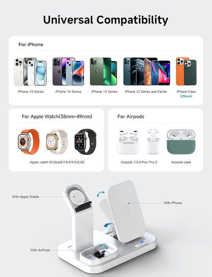 Wireless Charging Station 3 in 1 RJR Compatible with Apple Devices, Charging Dock for iWatch, Built-in Wireless Charger Stand for iPhone Series AirPods Gifts (with 18W Adapter) White