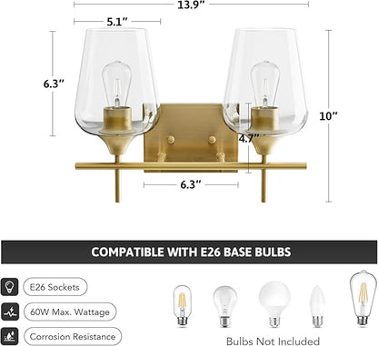 VONLUCE Bathroom Vanity Light, 2-Light Bathroom Light Fixture Over Mirror, Vanity Light Fixtures with Clear Glass, Modern Wall Sconce for Bathroom Bedroom Hallway Kitchen, Brushed Gold