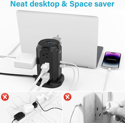 AiJoy Power Strip Tower with 9 AC Outlets and 5 USB Ports (2 USB-C), Flat Plug 1625W 6.5ft Extension Cord, 1200J Surge Protector Charging Station for Home, Office & Dorm
