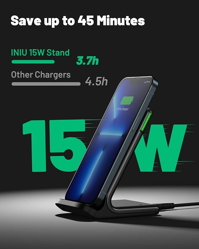 [2-Pack] Wireless Charger, INIU 15W Qi-Certified Fast Wireless Charging Stand with Sleep-Friendly Adaptive Light Compatible with iPhone 16 15 14 13 12 Pro Max Plus Samsung Galaxy S22 S21 Note 20 etc