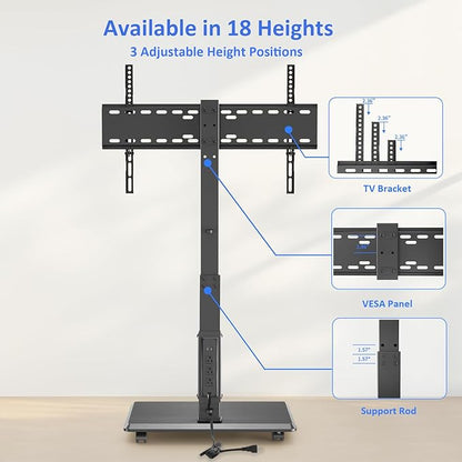Afaloona Rolling TV Stand with Power Outlet, Mobile TV Stand for 32-75 Inch TVs up to 110 lbs, 30° Swivel TV Floor Stand, 18 Adjustable Heights, TV Cart on Wheels for Bedroom, Office, Outdoor, Black