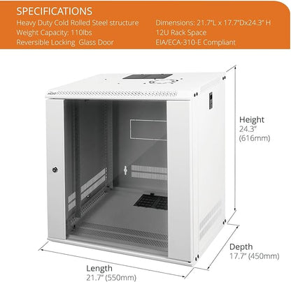 Tecmojo 12U Wall Mount Rack Network Cabinet for 19" IT Equipment,with Lockable Glass Door and Side Panels,Cooling Fan,17.7inch Depth,White