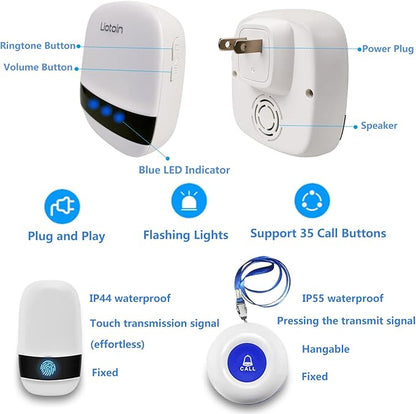 LIOTOIN Caregiver Pager Wireless SOS Call Button Nurse Alarm System Home/Elderly/Patient/Disabled/School Call Bell 5 Transmitter 5 Plug-in Receiver (600+ft Operating Range)…